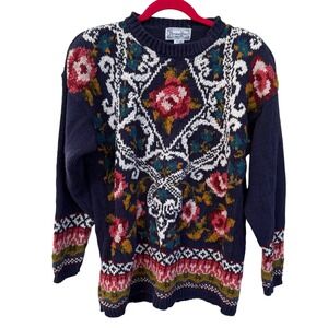 VTG Reference Point Floral‎ Sweater Sz L Cottagecore Fair Isle Coastal Grandma